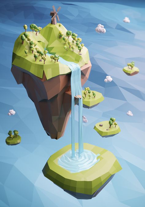 Low Poly Waterfall, Low Poly World, Low Poly 3d Art, Low Poly Island, Floating Island Waterfall, Low Poly Blender, Floating Waterfall, Blender Low Poly, 3d Island