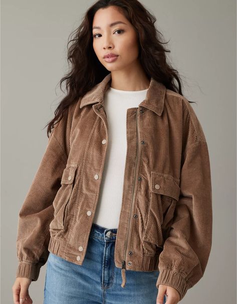 AE Corduroy Bomber Jacket Brown Jean Jacket, American Eagle Jacket, Neutral Jacket, Suede Outfit, Brown Corduroy, Women's Jackets, Brown Jacket, Bomber Jackets, Plaid Jacket