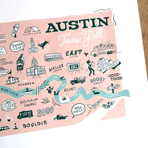 This quirky Austin map is a reminder of all things cool and weird in the awesomest city in the Lone Star State. 13 x 19" Texas Illustration, Austin Map, Austin Art, Texas Gifts, Texas Map, Line Artwork, H Town, Lone Star State, Pencil And Paper