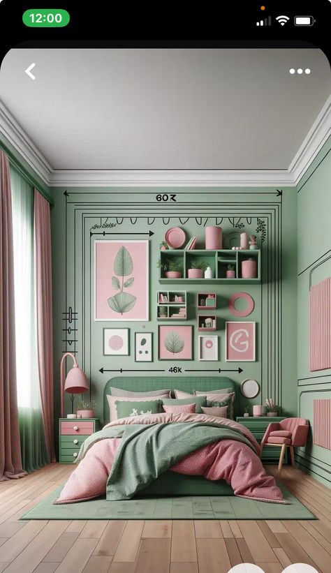 Green Room Pink Accents, Pastel Green Room Ideas Bedroom, Lavender Green Bedroom, Pink And Emerald Green Bedroom, Pink And Green Interior Design, Mint Green Interior Design, Dark Green And Pink Bedroom, Pink Green Room, Green Girls Bedroom