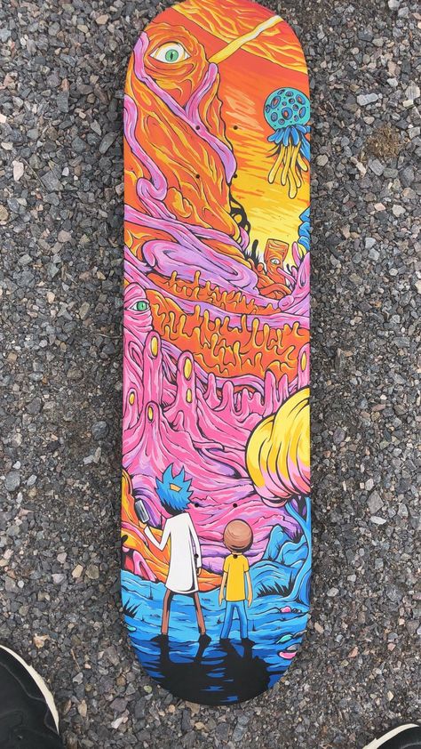 Rick And Morty Skateboard, Skateboard Ideas Design, Cool Skateboards Designs, Skate Board Designs, Skateboard Art Design Ideas, Skateboard Decks Design, Skateboard Design Ideas, Skateboard Painting Ideas, Custom Skateboard Art