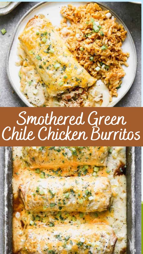 Smothered Green Chile Chicken Burritos Recipe | Cheff Recipes Green Chili Chicken Smothered Burritos, Smothered Green Chile Burritos, Smothered Burritos Green Chili, Smothered Chimichanga Recipe, Green Chile Chicken Recipes, Chicken Cheese Burrito, Chicken Spinach Burrito, Green Chile Chicken Burritos, Wet Burrito Recipe Chicken