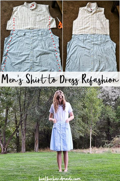 Men's Shirt to a Dress Refashion Tutorial • Heather Handmade Easiest Dress To Sew, Refashion Clothes Tutorial, Diy Dress Refashion, How To Upcycle Clothes, Sew Tutorials, Shirts To Make, Mens Shirt Refashion, Women Sewing, Upcycling Clothes