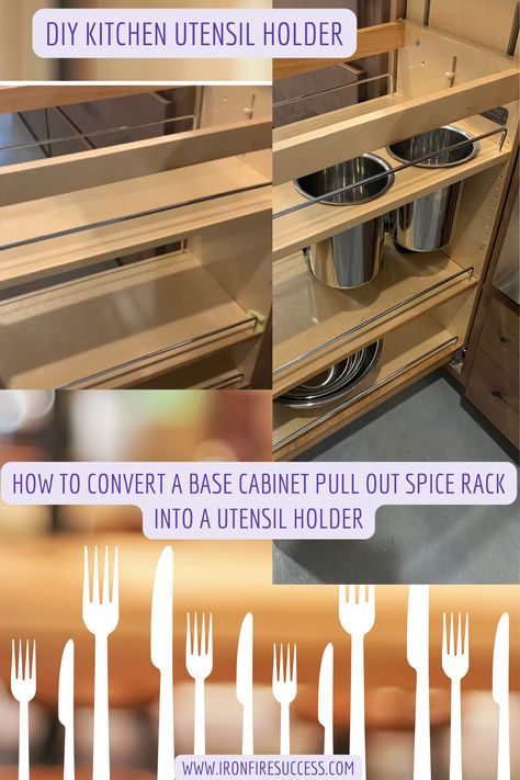 How to convert a base cabinet spice rack into a pullout utensil holder Utensil Holder Pull Out Drawer, Diy Pull Down Spice Rack, Utinsel Holder Ideas Kitchen, Diy Cooking Utensil Holder, Spice Rack Ideas Cabinet Organization, Spice Rack Cabinet Pull Out, Utensil Holder Diy, Utensil Storage Drawer, Diy Kitchen Utensil Holder