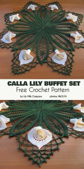 Calla Lilly Buffet Set Free Crochet Pattern Free Crochet Doily Patterns, Buffet Set, Haken Baby, Crochet Doily Patterns, Crochet Tablecloth, Crochet Diy, Crochet Motifs, Lace Doilies, Crochet Flower Patterns