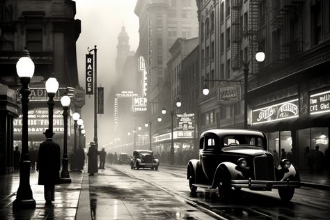 Dieselpunk City is film noir inspired AI project. It consists of a series of pictures showing street and railroad scenes of a fictitious dieselpunk-style city that resembles the atmosphere of a 1930s Chicago. It starts with some afternoon scenes and continues to evening and night shots. #dieselpunk #filmnoir #noir #urbanfantasy #darkfantasy #aiart #midjourney #1930s #1940s #cinematic #monochrome #blackandwhite Dieselpunk City, Film Noir Photography, Gangs Of New York, Black Comics, Night Train, City Wallpaper, Fantasy Concept Art, Urban Fantasy, Dieselpunk