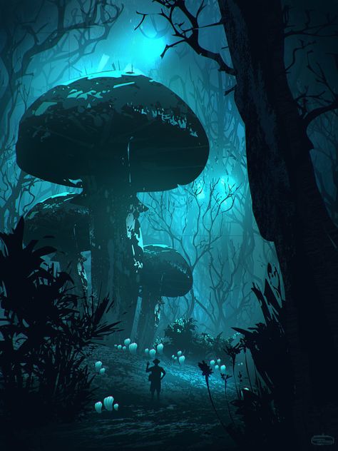 Hongos gigantes Blacklight Aesthetic, Mushroom Statue, Fantasy Forest, Fantasy Setting, Fantasy Places, Fantasy Art Landscapes, Fantasy Concept Art, Arte Fantasy, Art And Illustration