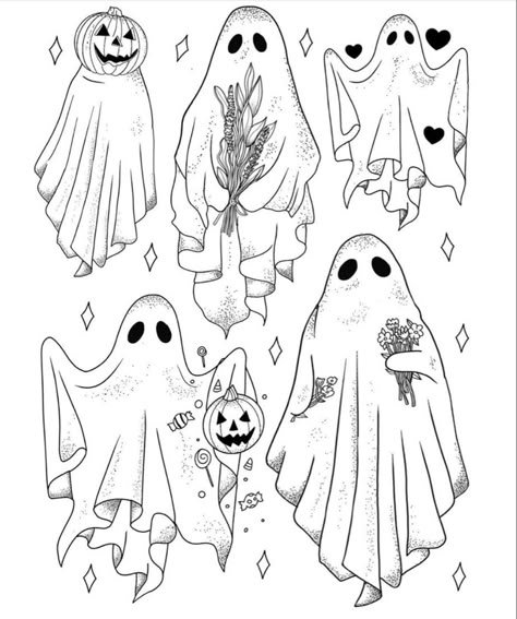 Halloween Doodle Tattoo, Halloween Tattoo Ideas Flash, Ghost Lovers Drawing, Halloween Sticker Tattoo, Halloween Outline Tattoo, Cute Sheet Ghost Tattoo, Cute Sheet Ghost Drawing, Ghost Flash Art, Vintage Ghost Tattoo