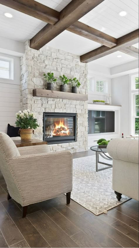 Flush Stone Fireplace, Bright White Living Room, Modern Farmhouse Fireplace Ideas, Farmhouse Fireplace Ideas, Modern Farmhouse Fireplace, Beams Living Room, Diy Mudroom, Bench Mudroom, Brick Fireplace Makeover