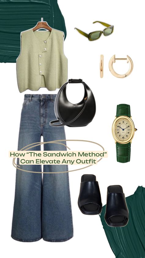 Light green sleeveless shirt paired with dark green, gold, & black accessories. Outfit Base, September Outfits, Style Inspiration Winter, Simple Outfit, Wardrobe Basics, Lookbook Outfits, Fall Looks, Style Board, Simple Outfits