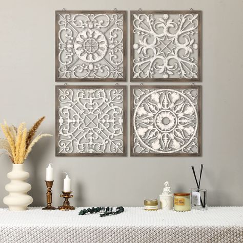 PRICES MAY VARY. Classic Design: the farmhouse wall decor for living room adopts rectangular pattern, with classic white and brown appearance and vintage curves to create an artistic feel, bringing a more elegant and vintage atmosphere to your space Size for Easy Display: the carved wood wall art is approx. 12 x 12 x 0.2 inches/ 30 x 30 x 0.5 cm, suitable for most families to decorate their house and it won't take up much space; What's more, it is very light and portable, so you can pick it up w Brown Wall Decor, Carved Wood Wall Art, Box Wall, Black And White Tiles, Brown Walls, Mandala Wall Art, Outdoor Wall Art, Madison Park, Geometric Wall Art