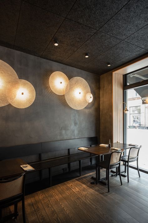 Copenhagen Restaurant, Acoustics Design, Dark Wooden Floor, Modern Restaurant Design, Modern Restaurant, Dark Walls, Scandinavian Minimalism, Japanese Restaurant, Acoustic Panels