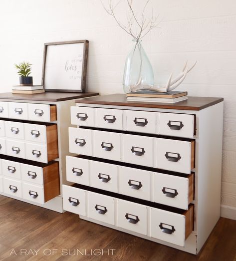 With a router and card catalog hardware, we easily transformed this Ethan Allen Chest of Drawers into an Apothecary Style Dresser.     ... Ethan Allen Dresser Redo, White Industrial Dresser, Faux Apothecary Dresser, Thrifted Furniture, Diy Furniture Redo, Ethan Allen Furniture Ethan Allen Inc., Farmhouse Style Bedrooms, Eastlake Dresser White, Style Nightstand