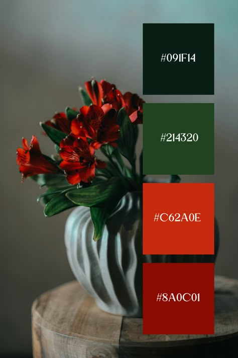 A simple vase with bright red flowers and dark green leaves, showcasing a red and green color palette. The deep green of the leaves complements the vivid red petals, creating a balanced and aesthetically pleasing composition. Green And Red Colour Palette, Red Green Color Palette, Red Green Aesthetic, Red And Green Combination, Red And Green Color Palette, Nail Color Palette, Color Scheme Generator, Bright Red Flowers, New Year Countdown