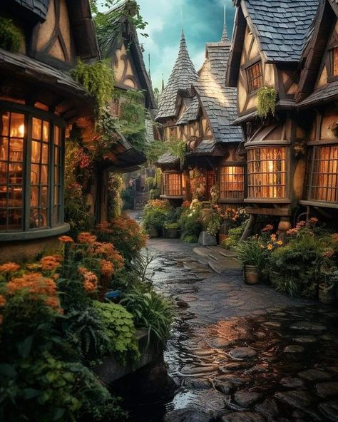 Fantasy World Village, Fairy Village Aesthetic, Fantasy Village Aesthetic, Old Village Aesthetic, Gothic Village, Navy Blue Bathroom Decor, Fairytale Village, Fantasy Cottage, Fantasy Village