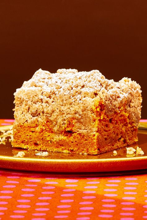 This easy snacking cake is infinitely cozy, especially with a hot cup of coffee or tea. It's the perfect baking recipe for a chilly fall weekend. Pumpkin Crumb Cake, Pilgrim Thanksgiving, Pumpkin Puree Recipes, Crumb Cake Recipe, Turkey Time, Pumpkin Pies, Just Bake, Fall Food, Crumb Cake