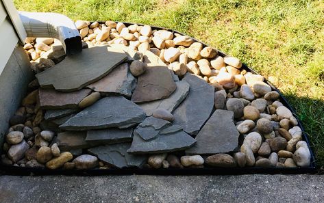 It took me 3 days to create our cascading stone downspout drain but well worth it 😀 8/11/2019 Downspout Landscaping, Landscaping Inspiration, Rock Garden Landscaping, Rain Garden, Home Landscaping, Garden Yard Ideas, Diy Landscaping, House Landscape, Front Yard Landscaping Design