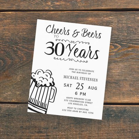 $1.38 | Cheers and beers 30th men birthday invitation - cheers and beers, 30th birthday, man birthday, beer birthday, adult birthday, 30 birthday, cheers to 30 years, black and white, funny, simple typography Fancy Typography, Men Birthday Party, 30th Birthday Men, Fun Invitation, Birthday Party Invitation Card, Typography Script, Milestone Birthday Party, Birthday Party Design, Thirty Birthday