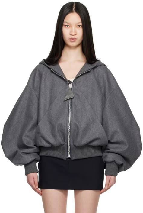 The Attico: Gray Hooded Bomber Jacket | SSENSE UK Grey Color Outfits, Avant Garde Jacket, High Fashion Hoodie, Knit Jacket Outfit, Drop Shoulder Coat, Body Mapping, Color Outfits, Fashion Illustration Sketches Dresses, Jersey Jacket