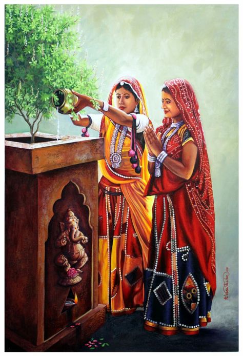 Tulsi Puja, Wall Painting Flowers, Rajasthani Painting, Mughal Art Paintings, Indian Women Painting, Indian Art Gallery, 3d Art Drawing, Stone Art Painting, Watercolor Paintings For Beginners