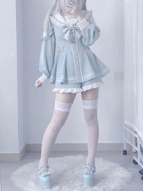 Pastel Blue Outfit Korean, Blue Cutecore Outfit, Jirai Kei Blue, Mizuiro Outfit, Tenshi Kaiwai Outfits, Kawaii Kei Outfit, Blue Kawaii Outfit, Cute Blue Outfits Aesthetic, Cute Outfits Blue