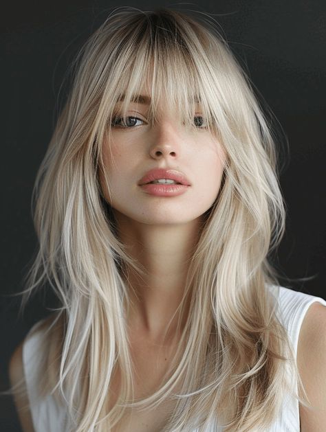 24 Sleek Hairstyles for Long, Straight Hair: Ideas for 2024 Long Straight Hair Ideas, Straight Hair Ideas, Shag Layered Hairstyles, Hairstyles For Long Straight Hair, Sleek Straight Hairstyles, Long Shag Haircut, Blonde Bangs, Blonde Hair With Bangs, Straight Hair Cuts