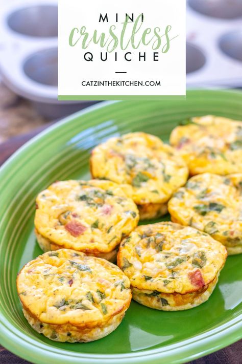 These mini crustless quiche are an easy, make-ahead breakfast that will save you time while being healthy & flexible with what you can add in! Individual Crustless Quiche Recipes, Crustless Quiche Cups Muffin Recipes, Muffin Quiche Recipes Crustless, Mini Crust Less Quiche, Muffin Tin Quiche Crustless, Easy Quiche Cups, Quiche Mini Muffins, Breakfast To Go Ideas Make Ahead, Crustless Mini Quiches In Muffin Tin