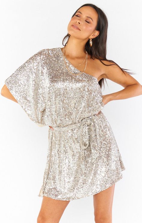 Sparkle, one-shoulder party dress - Show Me Your Mumu Trish dress, $218, Show Me Your Mumu - Check out more bachelorette party dresses on WeddingWire! Bachelorette Party Dresses, White Sequin Dress, Bachelorette Party Dress, Boho Maternity, Mesh Overlay Dress, Garden Party Dress, Bride Clothes, Dress The Population, Dinner Dress