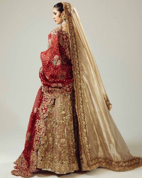 The dazzling gold organza lehenga choli, paired with a rich maroon dupatta, is a bridal ensemble fit for a queen. The dupatta's exquisite adda handwork shines with intricate red and gold mukesh and green bugle beads, expertly crafted to create a captivating contrast of colors and textures. This sumptuous outfit is a testament to the artisans' skill and attention to detail, making it a true masterpiece that exudes luxury and sophistication. For more details contact us on our WhatsApp +1 (908)... Golden Bridal Lehenga, Maroon Dupatta, Golden Lehenga, Gold Organza, Organza Lehenga, Latest Bridal Dresses, Pakistani Wedding Dress, Indian Bridal Hairstyles, Bridal Dress Fashion