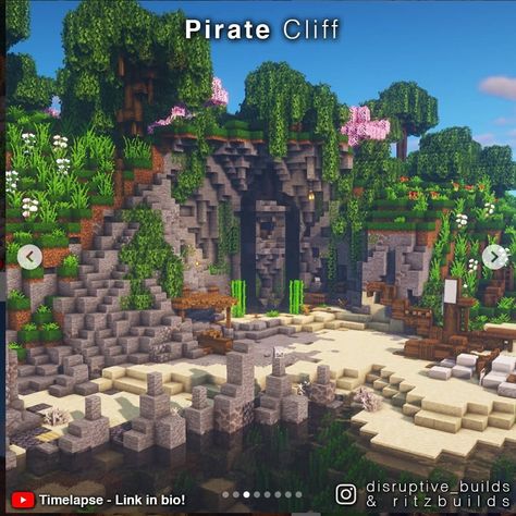 Minecraft Pirate Cove Ideas, Pirate Cave Minecraft, Minecraft Terraforming Cliff, Minecraft Pirate Cove, Minecraft Pirate Builds, Minecraft Terraforming, Minecraft Garden Ideas, Minecraft Garden, Minecraft Steampunk