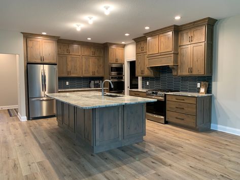 Hickory And Grey Kitchen, Box Cabinets Kitchen, Knotty Alder Cabinets With Wood Floors, Stained Cabinets With Painted Island, Brown Kitchen Cabinets Color Schemes, Stained Hickory Cabinets, Knotty Alder Kitchen Cabinets, Alder Wood Kitchen Cabinets, 2025 Kitchen