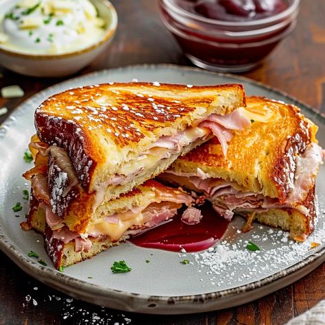 Monte Cristo Sandwich Recipe - sandyrecipes.com Monte Carlo Sandwich, Monte Cristo Recipe, Monte Cristo Sandwich Recipe, Sandwich Station, Monte Cristo Sandwich, Hot Pepper Jelly, Turkey Cheese, Ham Sandwiches, Monte Cristo