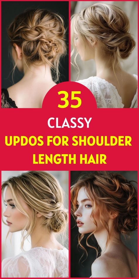 Discover 35 beautiful updos for your shoulder length hair. These versatile styles range from casual messy buns to elegant twisted creations, perfect for any occasion. Embrace the flexibility of your medium-length locks and explore new ways to wear your hair up. With these stunning updos, you'll never have a bad hair day again! Shoulder Length Hair Party, Prom Updos For Shoulder Length Hair, Medium Length Up Do, Easy Updo Shoulder Length Hair, Messy Updo For Medium Hair, Casual Updo Hairstyles, Medium Length Updo Wedding, Messy Buns For Medium Hair, Casual Updos For Medium Hair