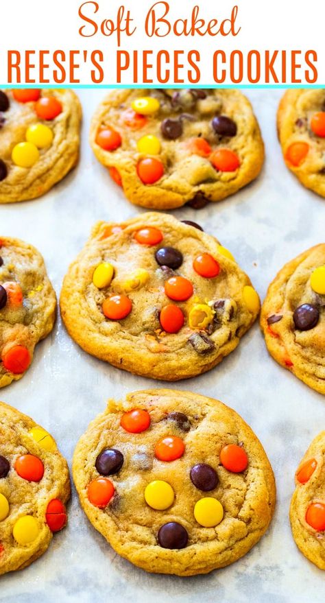 Soft Baked Reese's Pieces Cookies Reese's Pieces Cookies, Spicy Southern Kitchen, Soft Baked Cookies, Reese's Pieces, Biscuit Recipes, Southern Kitchen, Eat Cookies, Soft Bakes, Peanut Butter Cookie Recipe