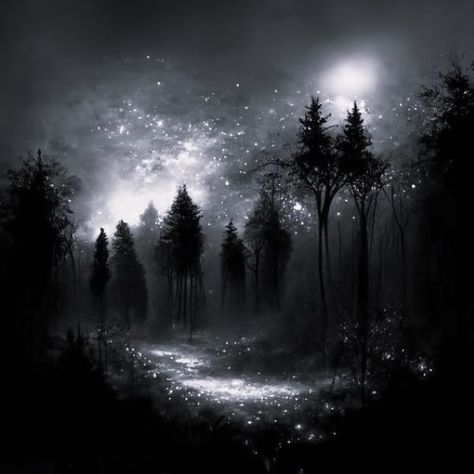 “...a passionate yearning for the garden, the darkness, the pure sky, the stars.” -Anton Chekhov Magical Forest Aesthetic Night, Mystical Forest Illustration, Fantasy Night Aesthetic, Magical Forest Acrylic Painting, Forest Fantasy World, Mountains At Night Painting, Forest At Night Painting, Anime Forest Aesthetic, Pretty Forest Aesthetic