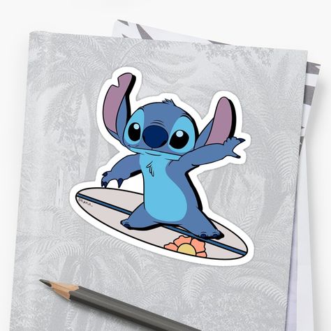 "Stitch Surfing " Sticker by lolarb406 | Redbubble Stitch Surfing Tattoo, Lilo And Stick, Stitch Playing Guitar, Stitch Surfing, Lilo And Stitch Stickers, Skate Bord, Cute Canvas Paintings, Cute Canvas, Cheer Up