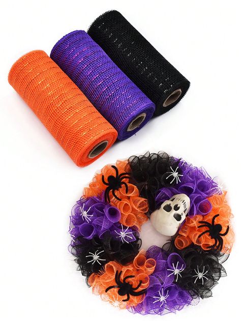 1 Roll /3 Roll Halloween Decorative Mesh Ribbon, Black/Orange/Purple Fabric, Suitable For Floral Packaging, DIY Halloween Wreath, Holiday Party Home Decoration Supplies Mesh Ribbon, Halloween Fall Front Door Wreath DIY Decoration Supplies,Christmas Multicolor    Polyester     Event & Party Supplies, size features are:Bust: ,Length: ,Sleeve Length: Front Door Wreaths Diy, Floral Packaging, Fall Front Door Wreath, Fall Deco Mesh Wreath, Halloween Mesh Wreaths, Fall Deco Mesh, Party Home Decoration, Diy Halloween Wreath, Autumn Wreaths For Front Door