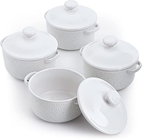 Amazon.com: FE Casserole Dish with Lid, 10 oz Mini Cocotte, Ceramic Lace Embossed Small Casseroles for Individual Serving, Set of 4 (White): Home & Kitchen Ceramic Bakeware Set, Casserole Dish Set, Serving Bowls With Lids, Mini Casseroles, Bowls With Lids, Casserole Dish With Lid, Casserole Set, Ceramic Bakeware, Serving Bowl Set