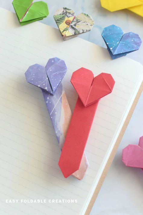 Long Heart Origami Bookmark | Easy Foldable Creations Origami Hearts Easy, Oragami Bookmark, Heart Bookmark Origami, Valentine Origami, Hearts Origami, Paper Hearts Origami, Valentines Origami, Sticky Note Origami, Bookmark Easy