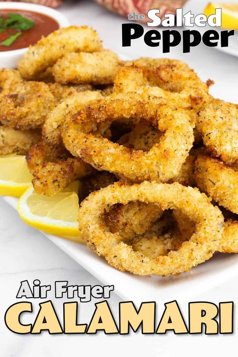 Make your own delicious fried calamari right in your air fryer. The taste and texture is better than deep fried and it takes less than 30 minutes. Air fryer appetizers are so fun to make! Calamari Rings Recipe, Air Fryer Calamari, Air Fryer Appetizers, Air Fries, Cooking Calamari, Deep Fried Calamari, Calamari Rings, Calamari Recipe, Calamari Recipes