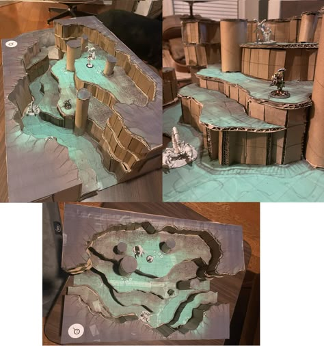 I made a cardboard 3d version of a 2d map for our D&D campaign ;) Dnd Cardboard Terrain, Dnd Mini Display, D&d Diorama, Dnd Setting Inspiration, Dnd Diorama, Dnd Cardboard, Ttrpg Terrain, Dnd Map Making, Cardboard Terrain