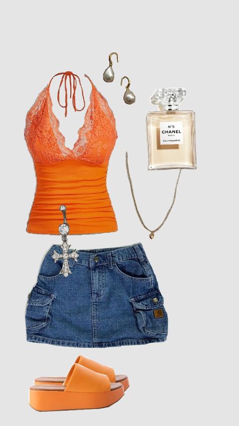 #outfit #outfitinspo #summer #Summerfit #fit #miniskirt #orange Summer Outfits Ginger Hair, Outfit Ideas Bright Colors, Cute Y2k Summer Outfits, Y2k Skirt Outfit Aesthetic, Bright Summer Outfits Aesthetic, Y2k Outfits For Summer, Orange And Blue Outfits For Women, Summer Outfit Y2k, Skirt Outfits Summer Aesthetic