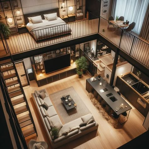 Modern Loft Floor Plans, Loft House Design Interiors, Small House Design Interior, Small Loft House Design, Mezzanine Living Room, Luxury Small House, Mezzanine House Design, Loft Type House, Room With Loft