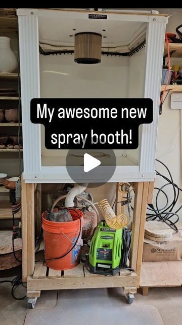 Shikha Joshi on Instagram: "I am deeply thankful to @backyardwoodworker for making the most awesome spray booth in the world for me!!! 
 Up until now I was quite happy with my old spray booth however this  new one... It's in a completely different league! Constructed with  easy to clean, durable plastic, with built in LED lights, a water curtain going along the walls to catch the glaze, a filteration system directly vented outside, this spray booth  is an absolute joy to use and a breeze to clean.

#glazebooth #sprayingglazes #studioequipment #diy #studioupgrade #glazing #potteryequipment #gratefulforengineers" Spray Booth Diy, Pottery Equipment, Booth Diy, Water Curtain, Ceramic Supplies, Paint Booth, Spray Booth, Studio Equipment, Pottery Studio