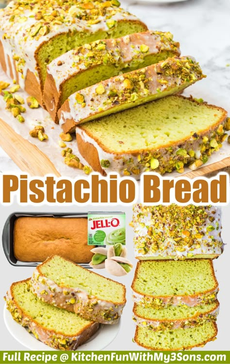 This delicious pistachio bread is made from a cake mix and pudding mix. This is a quick bread recipe that is perfect to make for breakfast and can also be eaten as a dessert. Breads For Easter, Pistachio Bread 12 Tomatoes, Pistachio Bread Recipe Simple, Pistachio Lemon Loaf, Pistachio Quick Bread, Pistachio Lemon Breakfast Bread, Pistachio Bread With Box Cake, Green Baked Goods, Pistachio Bread Recipe From Scratch