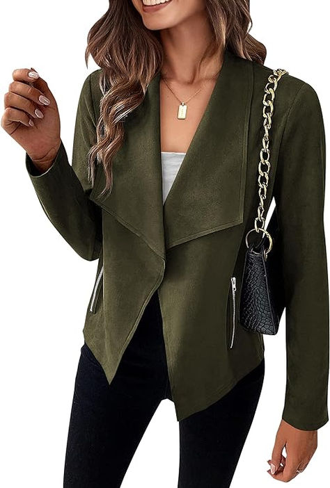 Faux Suede Jacket in a cozy autumn setting Green Moto Jacket, Dressy Jackets, Casual Outwear, Cropped Coat, Suede Fashion, Faux Suede Jacket, Casual Outerwear, Suede Coat, Fall Clothes