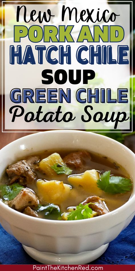 White bowl of pork and potatoes in broth with cilantro and text "how to make pork & chile soup". Roasting Hatch Green Chilis, Hatch Chili Stew New Mexico, Recipes With Green Chiles, Pork Stew Instant Pot, New Mexico Green Chili Stew, Pork Soups And Stews, Pork Green Chili Stew, Hatch Green Chili Recipes, Pork Green Chili Recipe Colorado