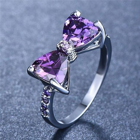 Amethyst Birthstone Ring, Crystal Engagement Rings, Purple Ring, Amethyst Birthstone, Purple Rings, Bow Ring, Wedding Rings Rose Gold, The Color Purple, Heart Shaped Rings