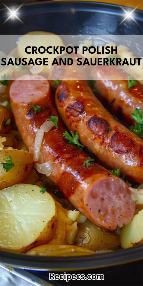 Delicious Crockpot recipe featuring Polish sausage, sauerkraut, and potatoes, perfect for comforting family meals. Crockpot Polish Sausage And Sauerkraut, Recipes That Use Sauerkraut, Fresh Polish Sausage And Sauerkraut, Sauerkraut And Sausage Recipes, Kielbasa Sauerkraut And Potatoes, Sourkraut And Sausage, Smoked Sausage And Sauerkraut, Crockpot Polish Sausage, Kielbasa And Sauerkraut Crockpot