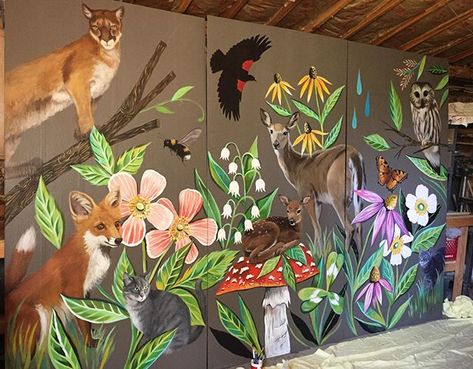 Painted Mural, Garden Mural, Barns Sheds, Mural Ideas, Drawing Projects, Mural Painting, Tree Art, Animal Shelter, Wall Mural